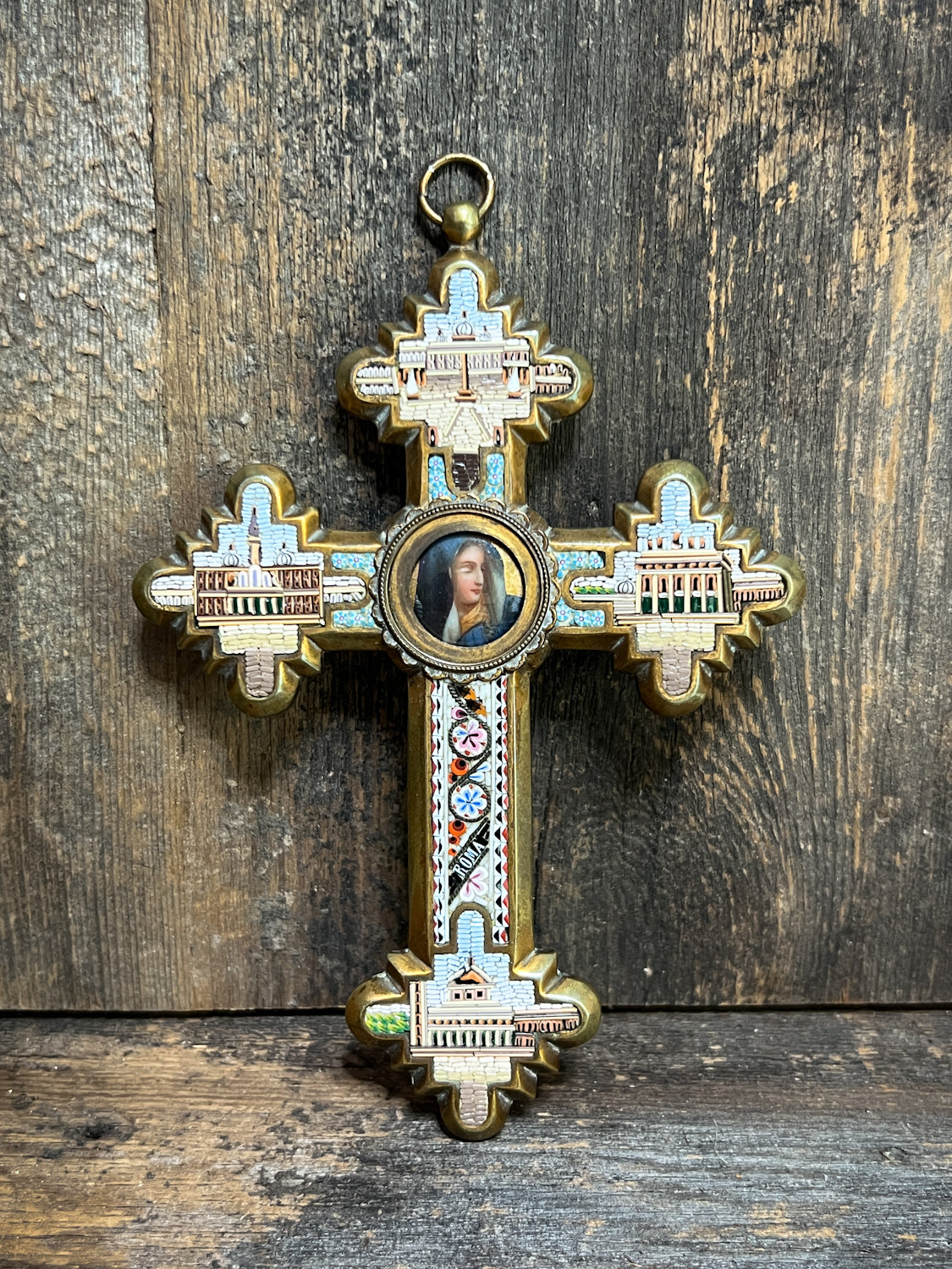 Unreal Micro-Mosaic Mid-19th Century Cross w/ Hand Painted Porcelain Centrepiece