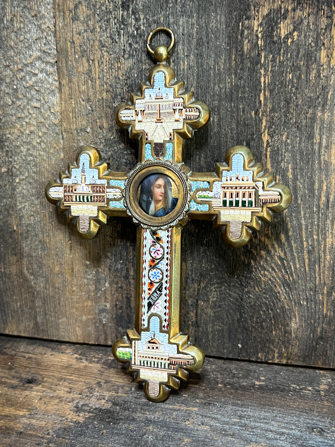 Unreal Micro-Mosaic Mid-19th Century Cross w/ Hand Painted Porcelain Centrepiece