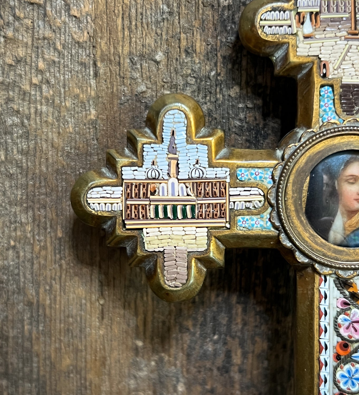 Unreal Micro-Mosaic Mid-19th Century Cross w/ Hand Painted Porcelain Centrepiece