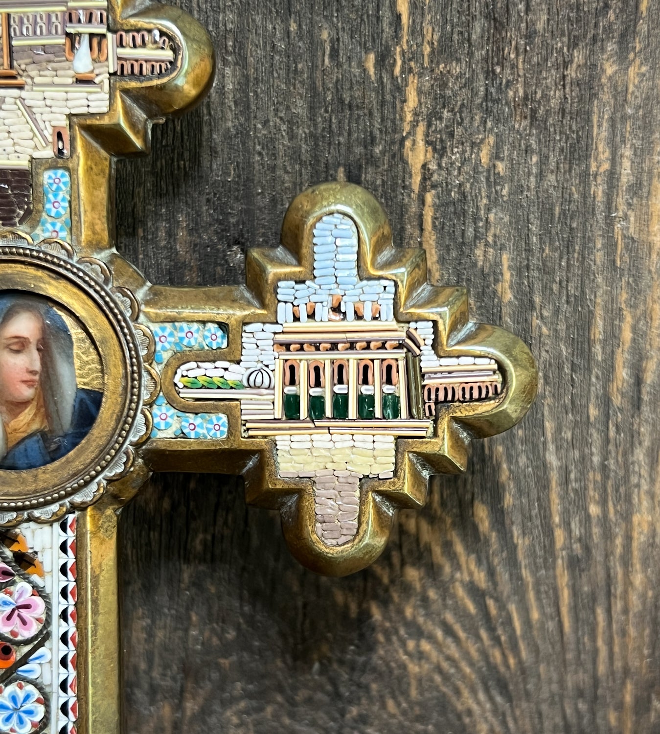 Unreal Micro-Mosaic Mid-19th Century Cross w/ Hand Painted Porcelain Centrepiece