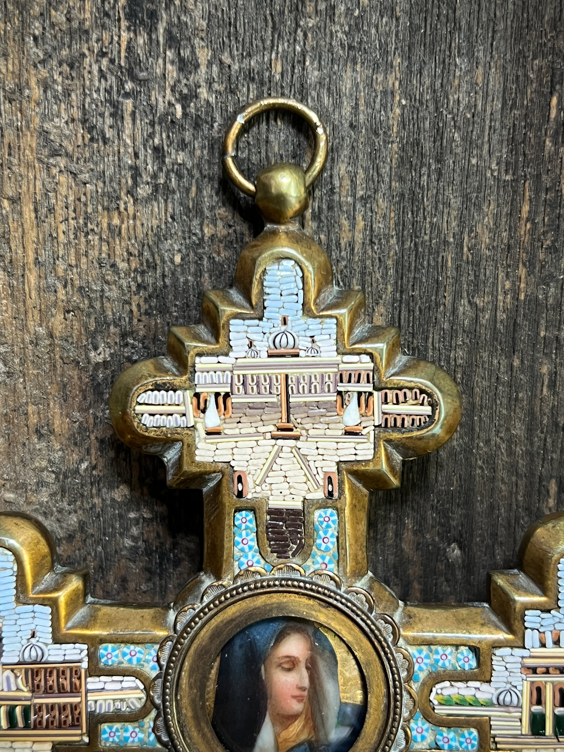 Unreal Micro-Mosaic Mid-19th Century Cross w/ Hand Painted Porcelain Centrepiece