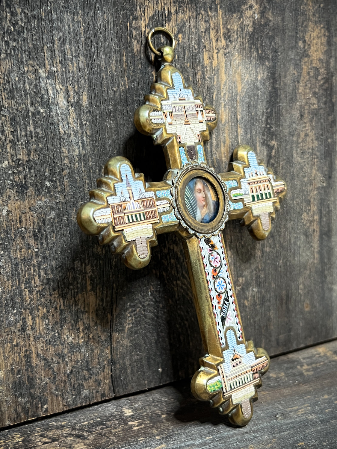 Unreal Micro-Mosaic Mid-19th Century Cross w/ Hand Painted Porcelain Centrepiece