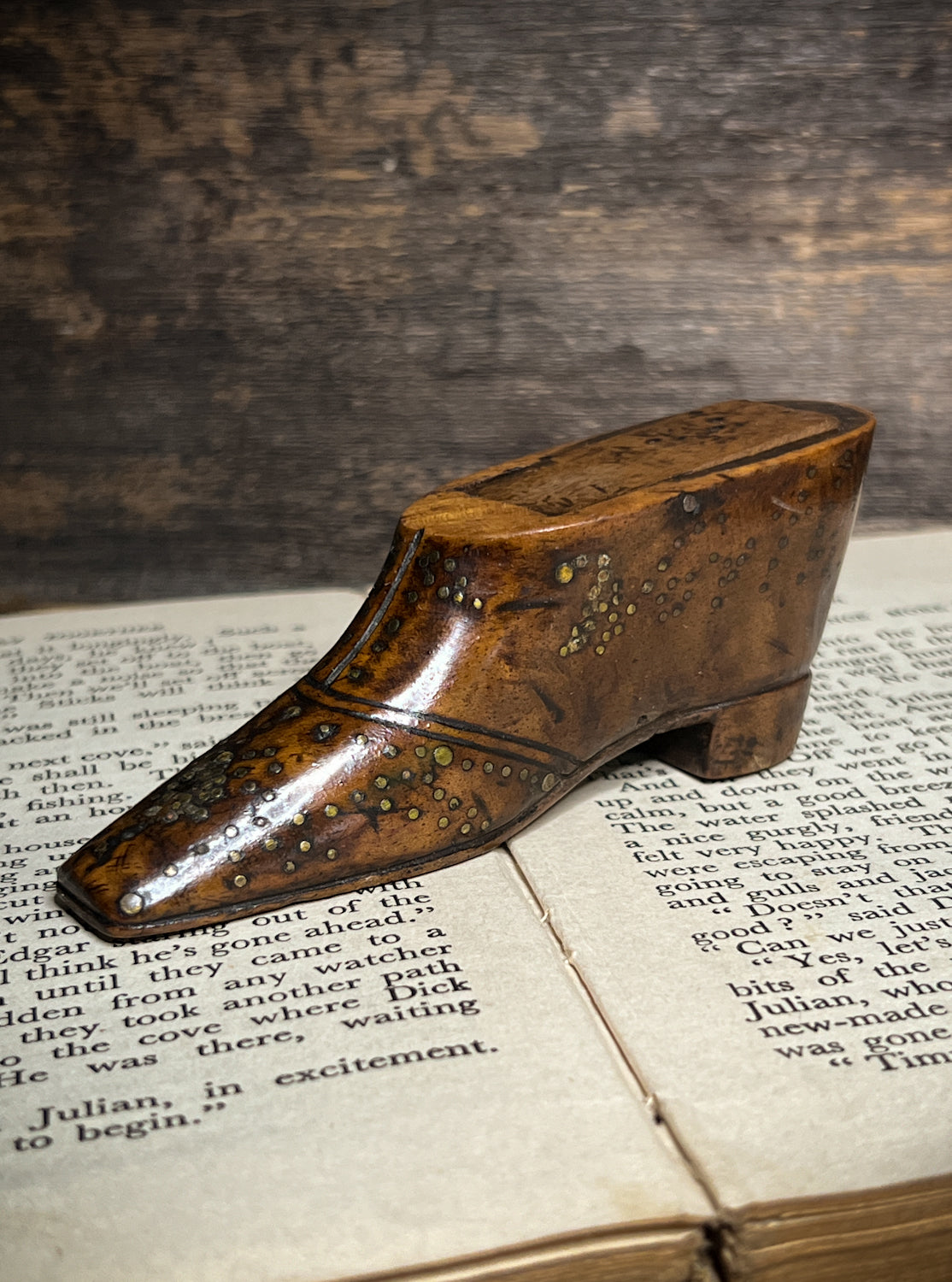 Fantastic Late Georgian Shoe Snuff Box w/ Pique Work, Love Token