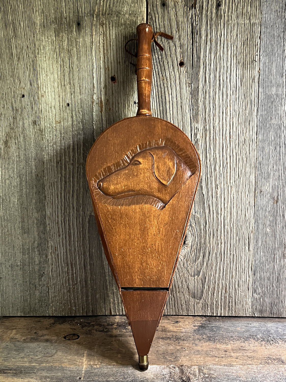 Charming Carved Wood Bellows with Sweet Depiction of Dog