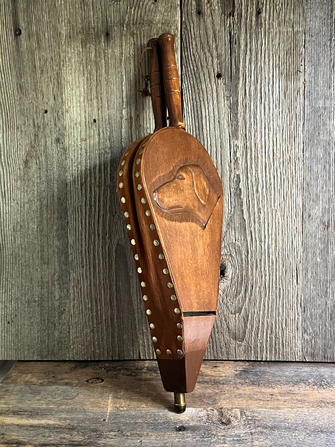 Charming Carved Wood Bellows with Sweet Depiction of Dog