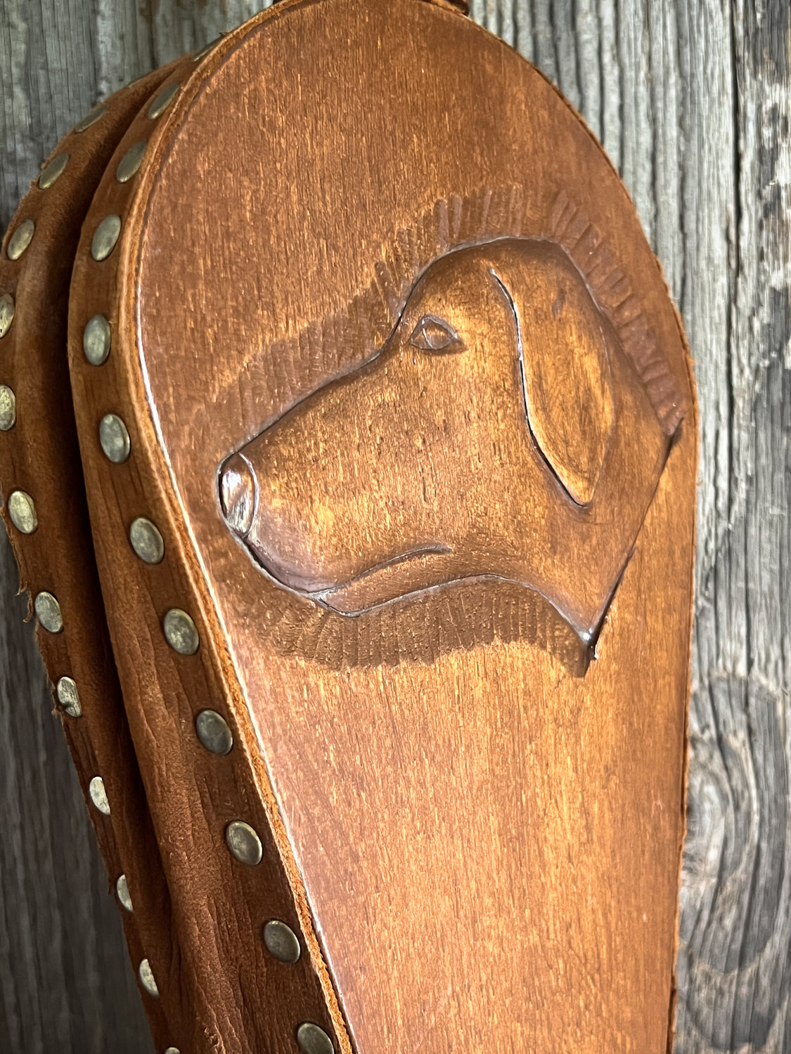Charming Carved Wood Bellows with Sweet Depiction of Dog