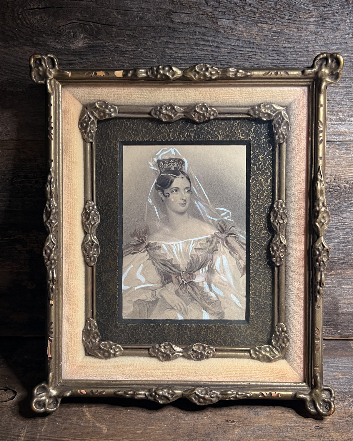 Mid-1800s Hand Embellished Steel Engraving Print of Lady Adeline, in Gorgeous Frame