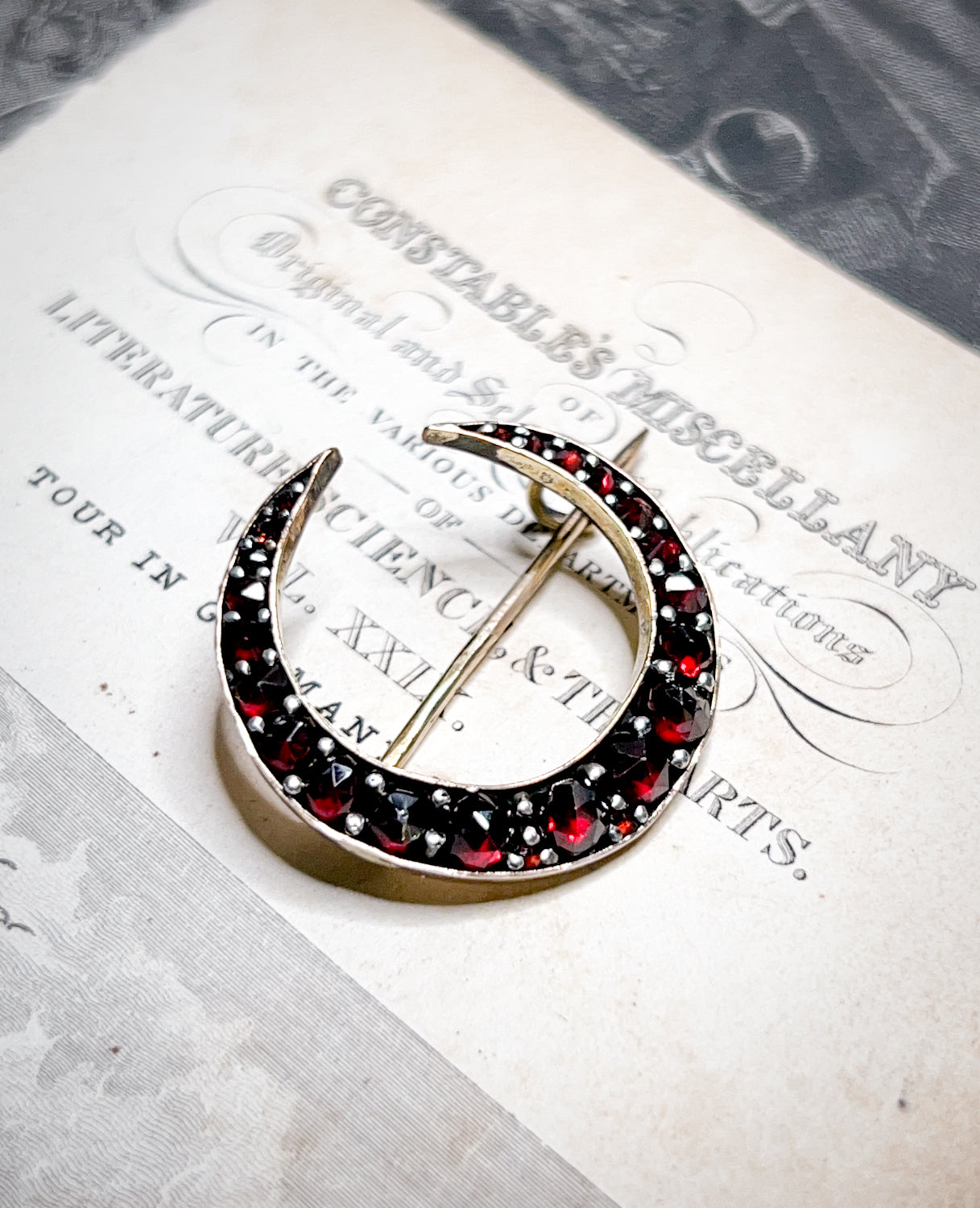 Beautiful Victorian Era Crescent Moon Garnet & Gold Pin