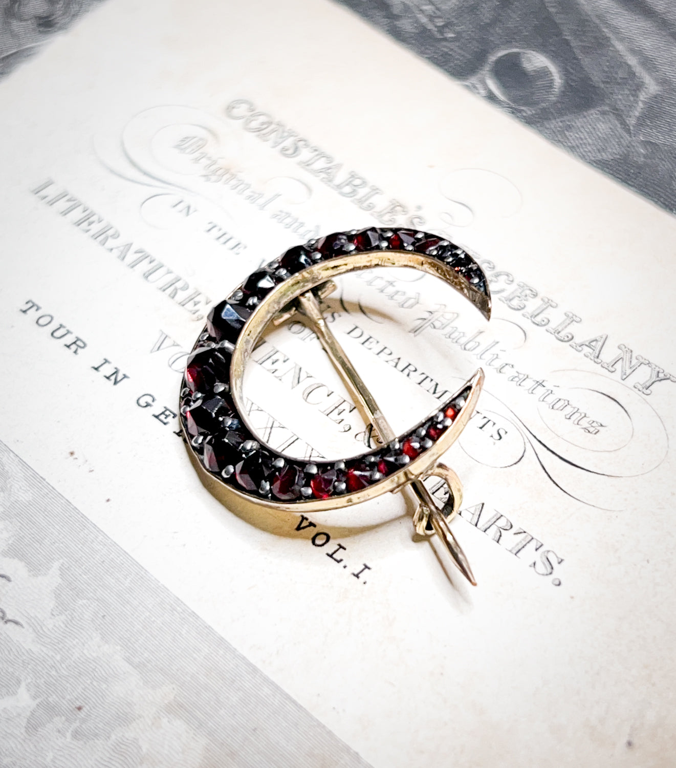 Beautiful Victorian Era Crescent Moon Garnet & Gold Pin
