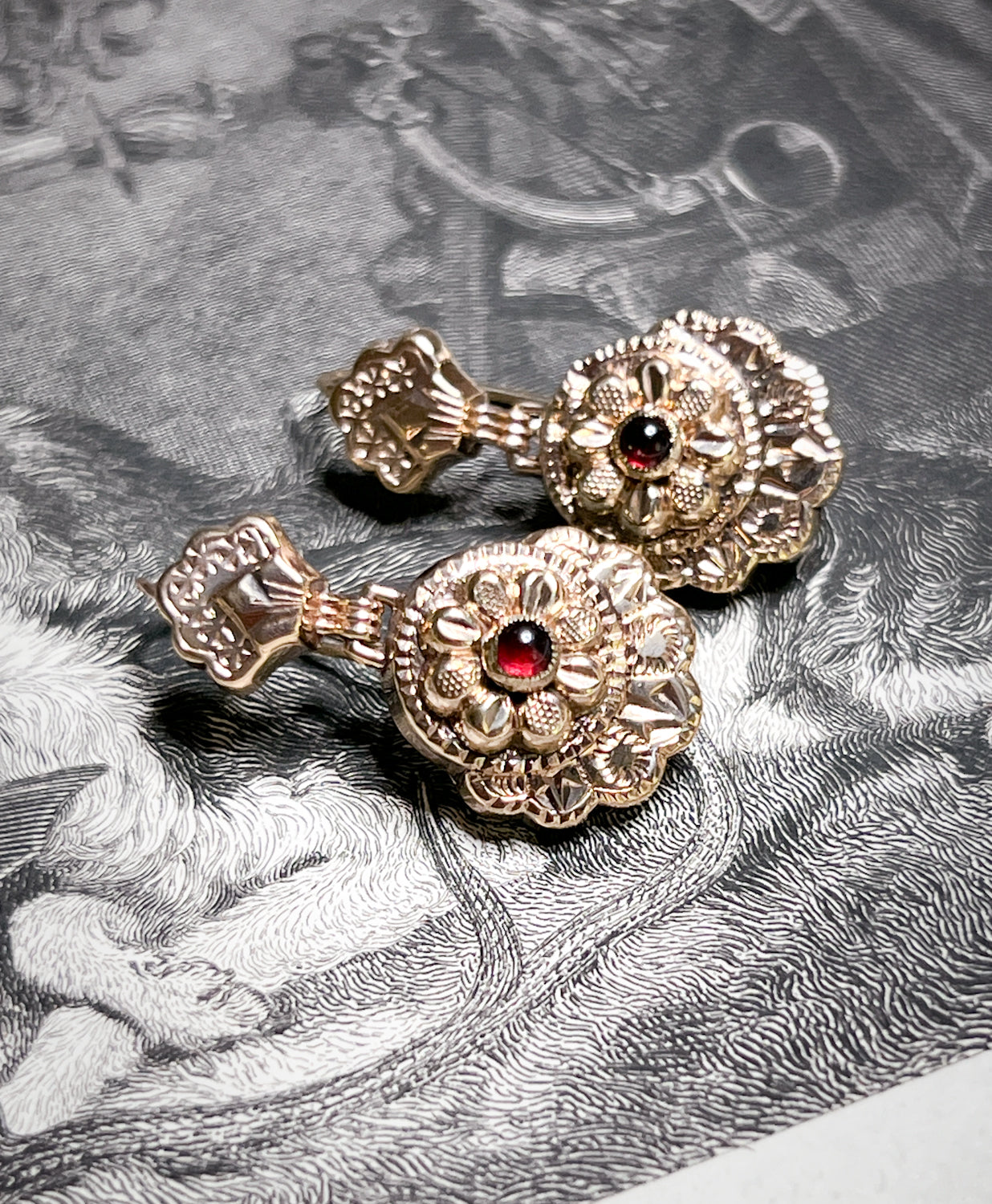 Striking Late 1800s Gold Fill & Garnet Etruscan Earrings