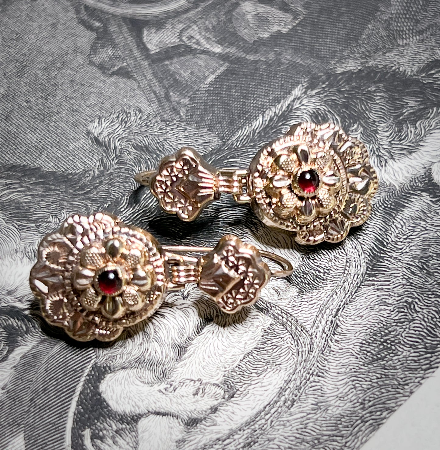Striking Late 1800s Gold Fill & Garnet Etruscan Earrings