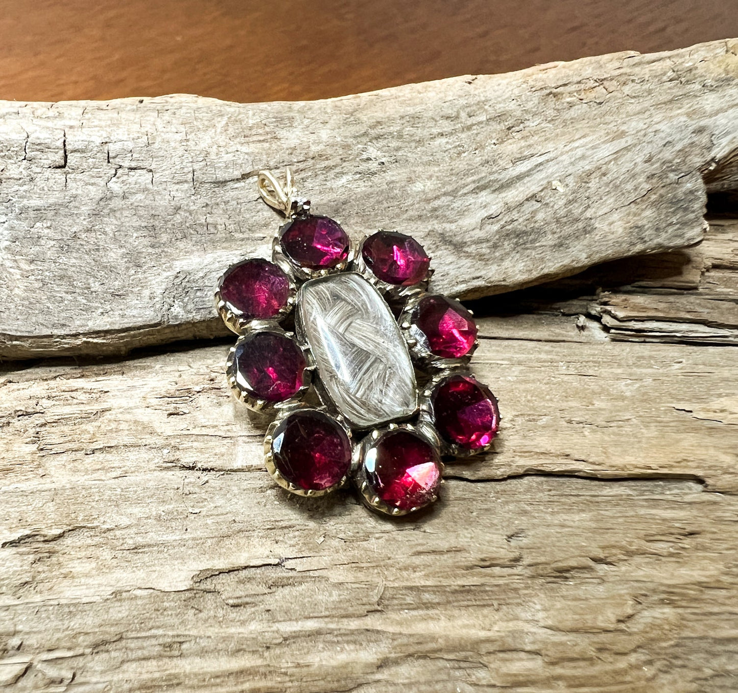 Charming Georgian Era Gold Pendant w/ Garnets, Diamond, & Hair