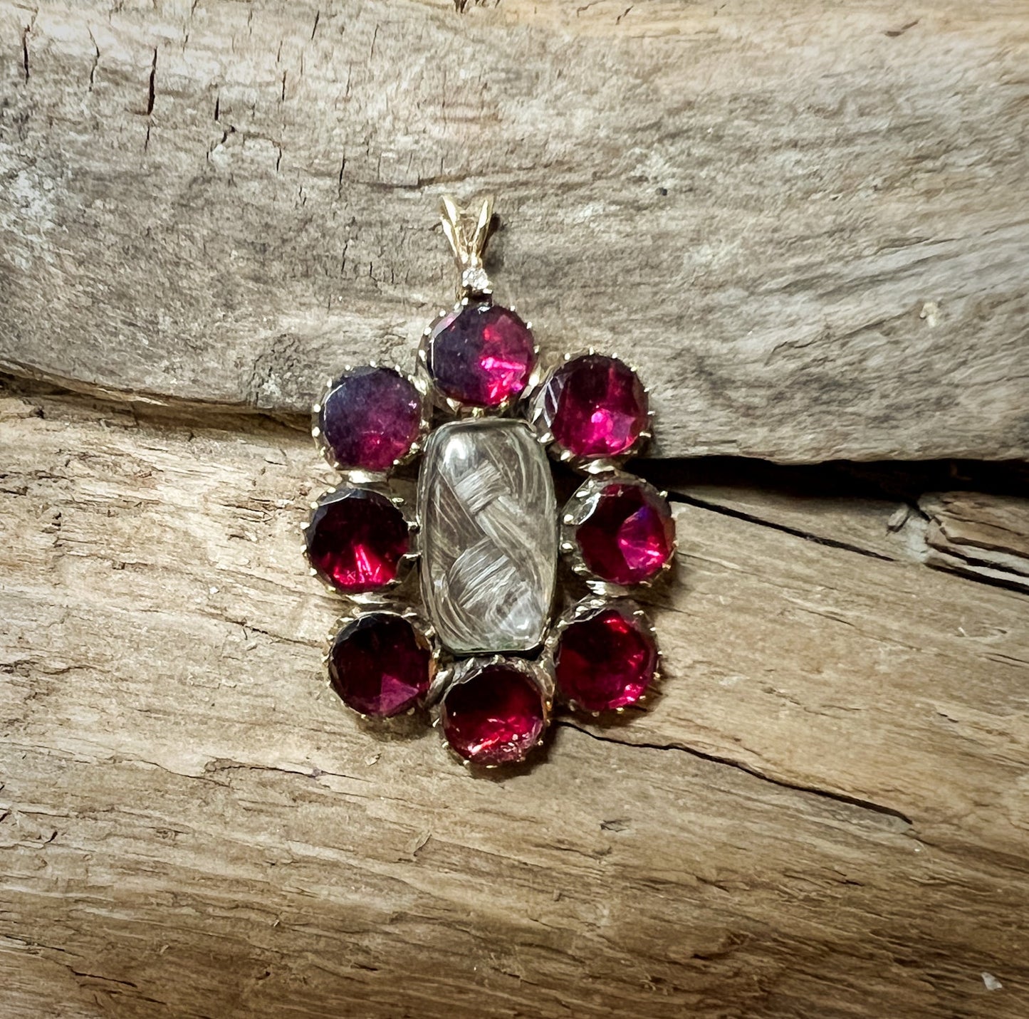 Charming Georgian Era Gold Pendant w/ Garnets, Diamond, & Hair