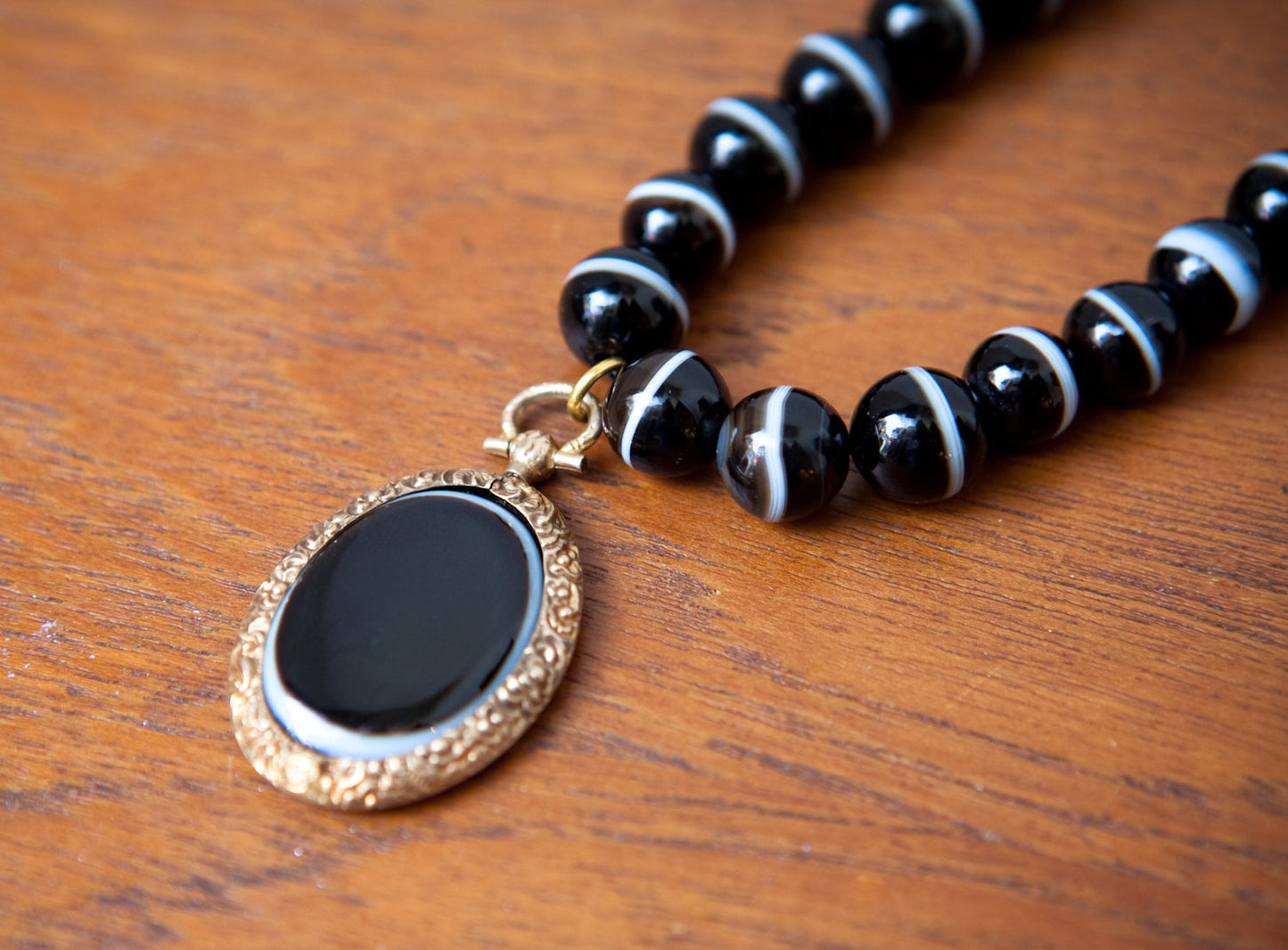Exquisite Black Banded Agate Victorian Era Mourning Necklace