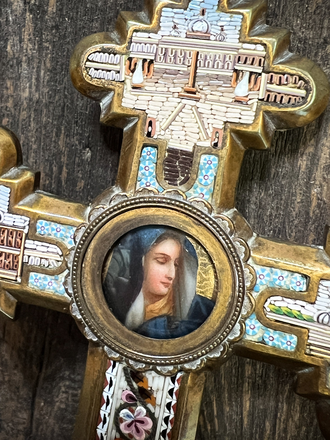 Unreal Micro-Mosaic Mid-19th Century Cross w/ Hand Painted Porcelain Centrepiece