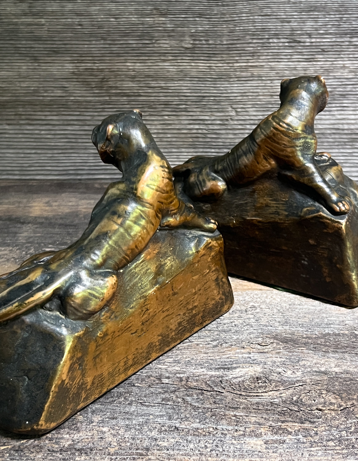 Art Deco Era Tiger Bookends with Copper Finish